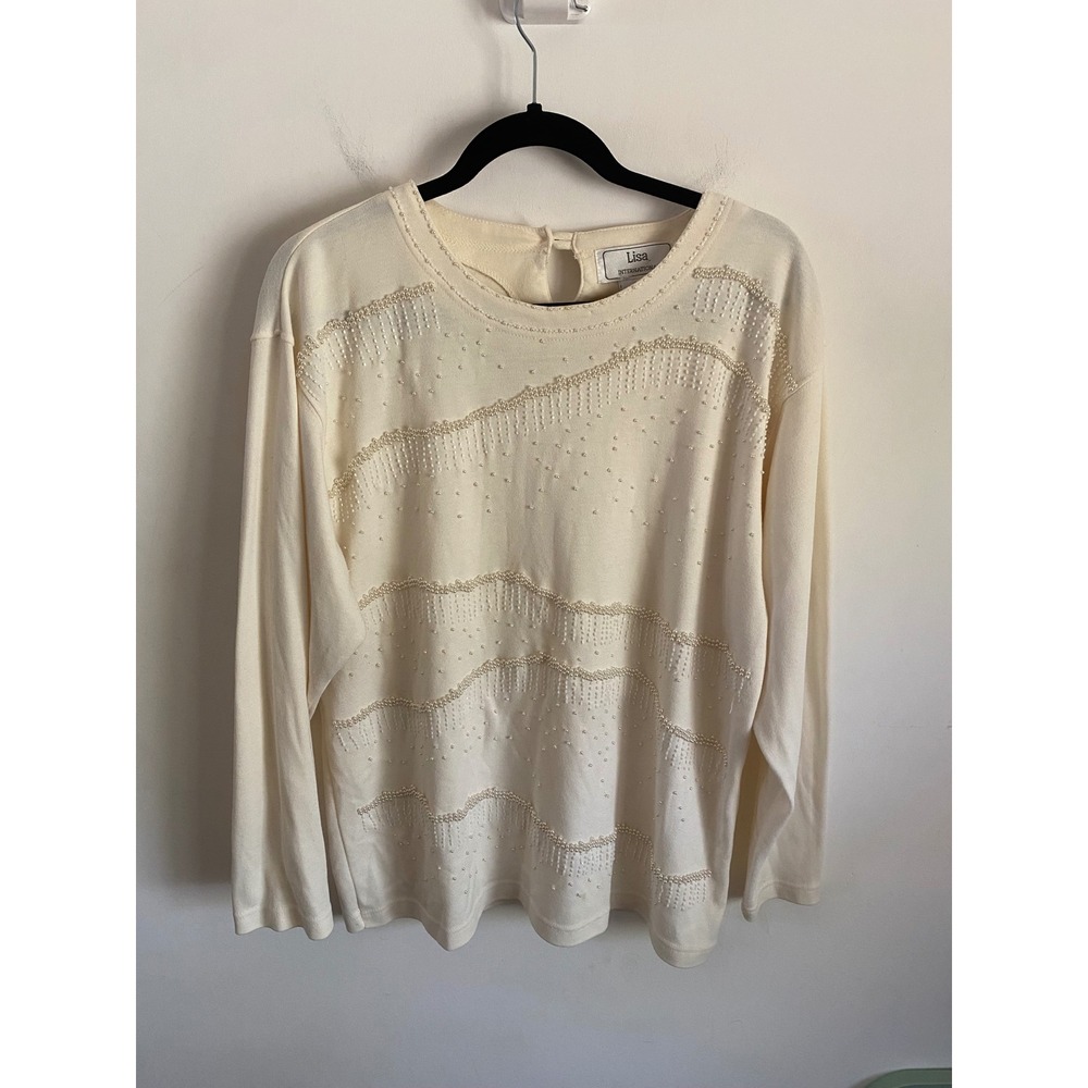 Lisa International Vintage Pearl Beaded Cream Top Long Sleeve Keyhole Back L